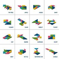 Tangram puzzle. Set of isometric tangram different objects. Vector illustration