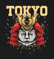 Cat wearing samurai helmet illustration in japanese style for t shirt design and print vector