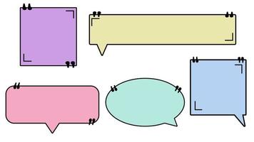 conjunto de cuadros de comillas de colores en blanco, burbuja de voz, cuadro de texto, conversación de marco, cuadro de chat, burbuja de conversación, globo de pensamiento sobre fondo blanco vector