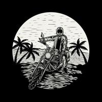 motociclista de ilustración con motocicleta en la playa - marco de grabado antiguo vector