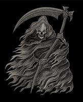 Illustration scary grim reaper with vintage engraving style vector