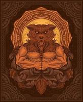 illustration wolf man with antique engraving ornament style vector