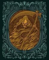 Illustration scary grim reaper with vintage engraving style vector