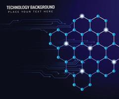 geometric hexagon connecting lines and dots blue background with circuit board vector