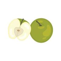 Isolated on a white background are whole, half, fresh slices, and slices of green apple. vector