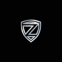 diseño de logotipo de escudo plateado para la letra z. logotipo de metal plateado. diseño de logos para autos, empresas de seguridad y otros. plantilla de concepto de diseño de logotipo de escudo de letra vector