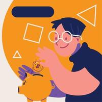 guy putting a coin in piggy bank vector