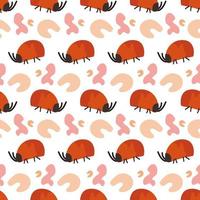 Red bug seamless pattern vector illustration with abstract shapes