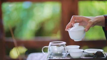 Tea ceremony performed on outdoor terrace video