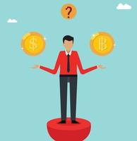 Business people standing on people pillar and thinking about investing in dollar or bitcoin  Investment concept for banner, website design or landing web page vector