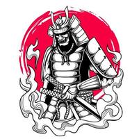 samurai japonés sosteniendo katana ilustraciones vectoriales en blanco y negro vector