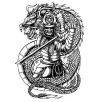 samurai japonés sosteniendo katana con ilustración de vector de arte en blanco y negro de dragón