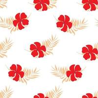 Floral seamless pattern. Tropical red flowers. Plumeria. Vector stock illustration. Golden palm leaves.