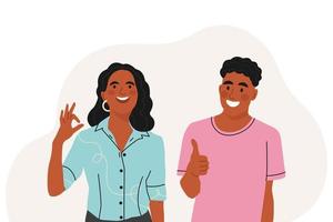 jóvenes afroamericanos sonrientes haciendo gestos de gratitud, comentarios positivos. reconocimiento y agradecimiento. ilustración vectorial plana. vector