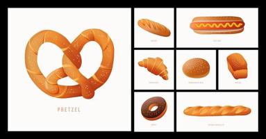 establecer iconos de pan vectorial. pretzel, pan, hot dog, croissant, pan de hamburguesa, donut, baguette francés, etc. conjunto de vectores de productos de panadería.