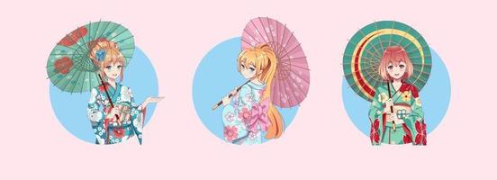 Anime manga girl cartoon characters. Girl wearing Japanese kimono with umbrella. Isolated Round Icons. vector