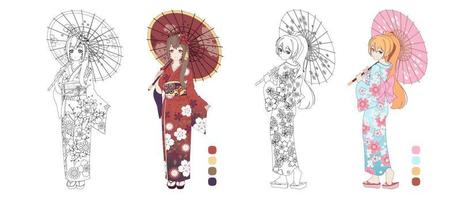 chica manga anime con kimono japonés. ilustración vectorial de contorno para colorear libro. versiones monocromáticas y en color vector