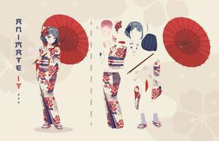 Anime manga girl cartoon characters for animation, motion design kit. Parts of body. Girl or geisha wearing Japanese kimono standing with umbrella vector