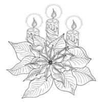 velas navideñas con poinsettias dibujadas a mano sobre un fondo blanco. vector