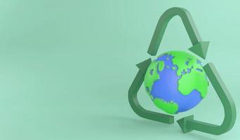 Reciclaje global de representación 3d, símbolo de reciclaje alrededor del modelo de tierra, salvar el planeta y el concepto de energía foto