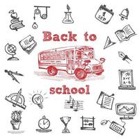 símbolo de autobús escolar dibujado a mano sobre fondo blanco. con texto de regreso a la escuela. fondo de la vendimia diseño de pizarra vector