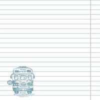 cuaderno de celdas de papel con boceto dibujado a mano símbolo de autobús escolar amarillo tema de regreso a la escuela concepto de educación ilustración vintage elemento de arte gráfico para diseño en blanco vector