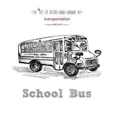 Hand drawn school bus symbol on white background. With text School bus. Vintage background. Good idea for chalkboard design