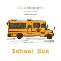 Hand drawn yellow school bus symbol isolated on white background. With text School bus. Vintage background. Good idea for chalkboard design vector