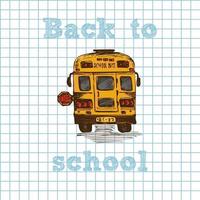 Hand drawn yellow school bus symbol on cell notebook seamless background. With text Back to School. Vintage background. Good idea for chalkboard design vector