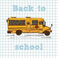 Hand drawn yellow school bus symbol on cell notebook seamless background. With text Back to School. Vintage background. Good idea for chalkboard design vector