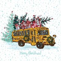 Festive Christmas card. Yellow school bus with fir tree decorated red balls and gifts on roof. White snowy seamless background and text Merry Christmas. vector