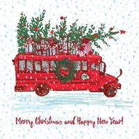 Christmas Red bus with fir tree decorated balls and gifts on roof. White snowy seamless background and text Merry Christmas and Happy New Year. Greeting card. Illustrations vector