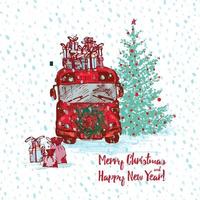 Christmas Red bus with fir tree decorated balls and gifts on roof. White snowy seamless background and text Merry Christmas and Happy New Year. Greeting card. Illustrations vector