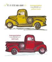 Set of hand-drawn red and yellow trucks. Ink brush sketch vector
