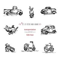 set, niños antiguos dibujados a mano transportan juguetes, automóviles, motocicletas, bicicletas, camiones y aviones. boceto de tinta rápida. vector