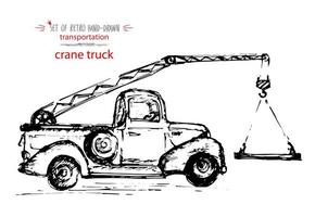 Hand-drawn vintage transport crane truck. Quick ink sketch. Vector black illustration