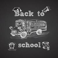 Hand drawn school bus symbol on black chalkboard. With text Back to school. Vintage background. Chalkboard design