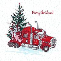 Holiday card Hand drawn red truck with christmas tree and gifts isolated on white background. Vintage sketch xmas lorry transport. Large Industrial car, giant machine. Engraving art style vector
