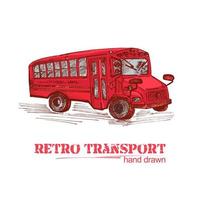 autobús retro rojo dibujado a mano aislado sobre fondo blanco. camión antiguo en estilo boceto. diseño de arte para afiches, flayers, pancartas. ilustración vector