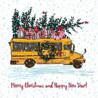 Festive Christmas card. Yellow school bus with fir tree decorated red balls and gifts on roof. White snowy seamless background and text Merry Christmas. vector