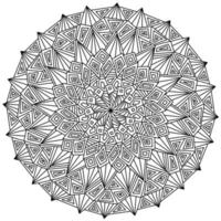 Symmetrical mandala with geometric elements and triangular petals, coloring page in the shape of a circle with simple linear weaves vector