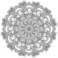 mandala con setas y patrones, página de coloración meditativa con fantasía y elementos naturales vector