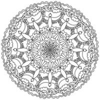 Contour mandala with patterns and fantasy birds coloring page in the form of a circle with ornate elements vector