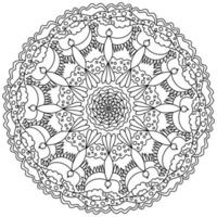 Contour mandala with patterns and fantasy birds coloring page in the form of a circle with ornate elements vector