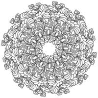Symmetrical mandala of various mushrooms and patterns, coloring page in the form of a circle with natural and fantasy motifs vector