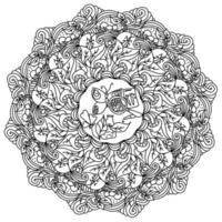 Mandala on the theme of the science of biology, contour coloring page in the form of a round frame and various natural symbols with patterns vector