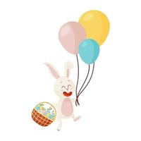 personaje de conejito. volando y riendo en tres globos divertido, feliz conejo de dibujos animados de pascua con canasta de huevos vector