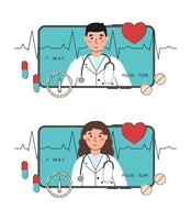 Online doctor consultation concept. Smartphone screen with female or male therapist. Tele medicine, medical diagnostics using the Internet. Vector flat illustration