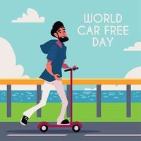 world car free day, guy in kick scooter vector