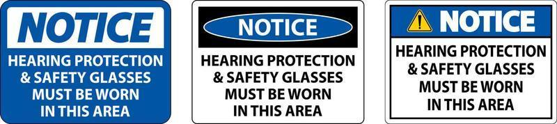 Aviso de protección auditiva y gafas de seguridad firmar sobre fondo blanco. vector